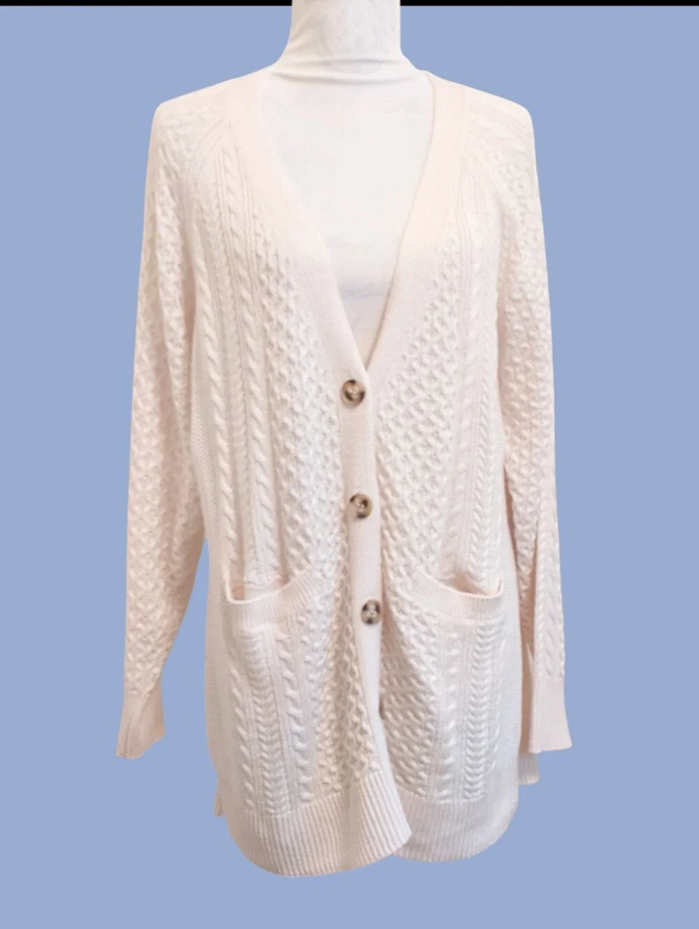 Grandma Cable Cardigan Sweater Long Off White Cream Roomy Pockets XL